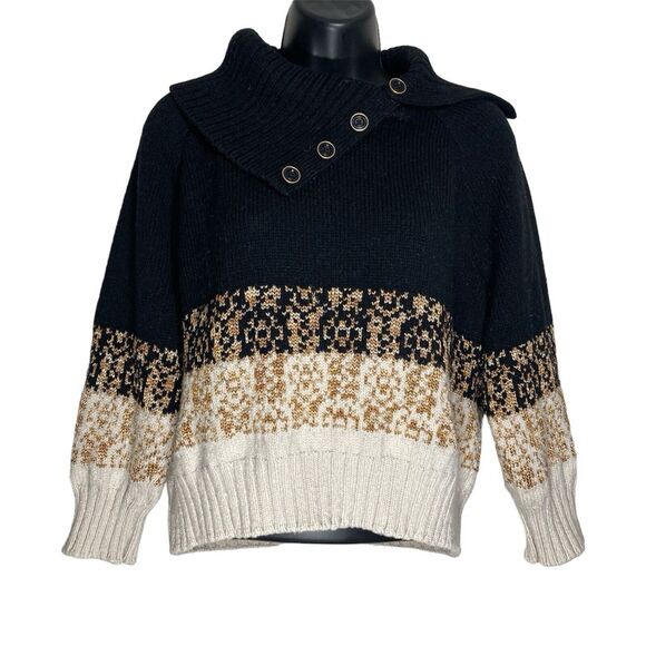 St John Sweater Womens Large Black Gold Crop Wool Blend Buttons Shawl Collar Lux - Picture 1 of 13